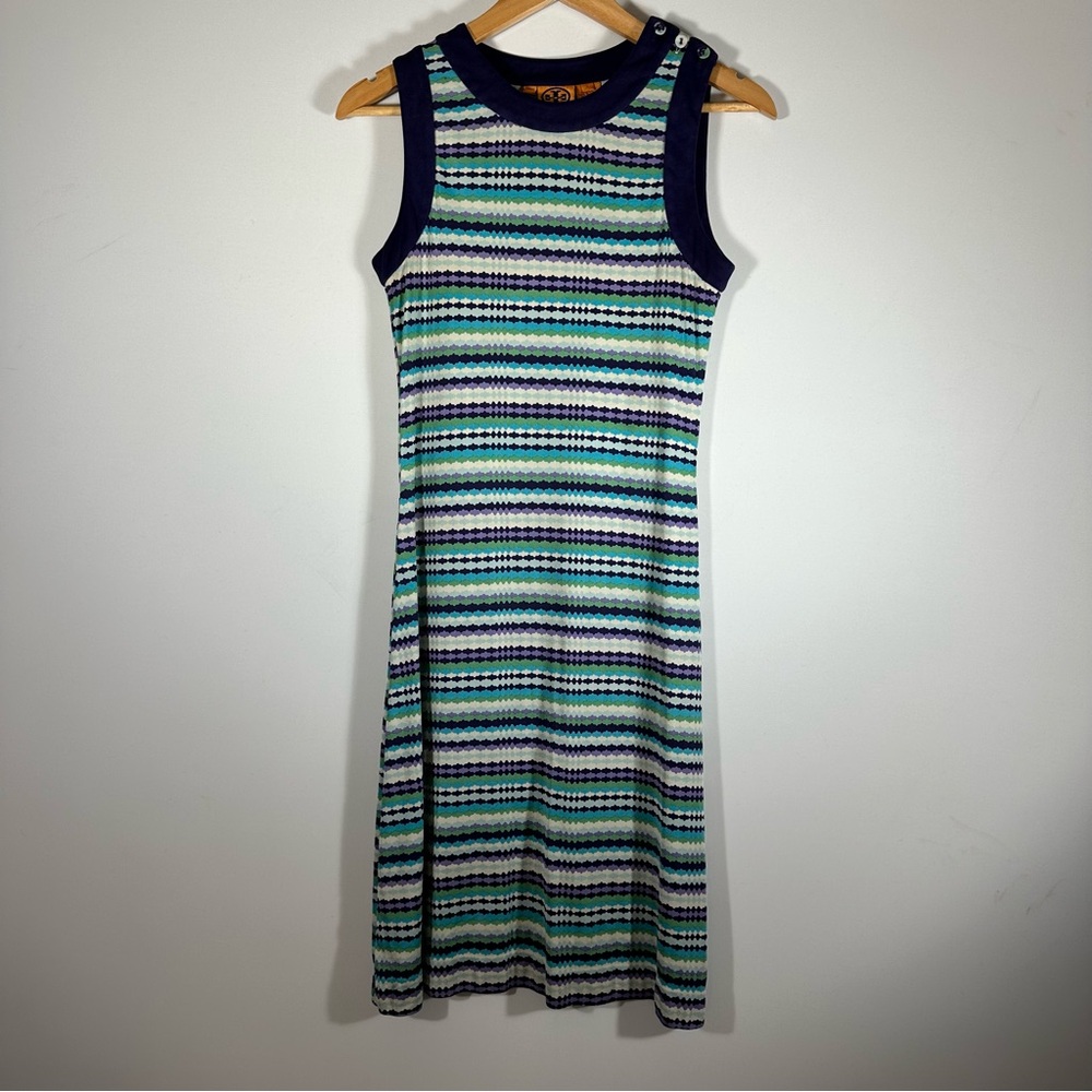 TORY BURCH 100% Silk Geometric Print Tank Dress Purple Green Size Small EUC
